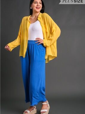 Umgee Royal Blue Wide-Leg Pants with Frayed Hem